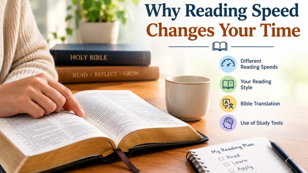 Open Bible with a reader, clock, and reading plan showing why reading speed changes Bible reading time.